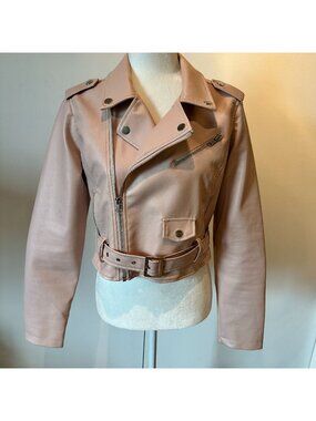 Hot Topic Faux Leather Blush Pink Moto Jacket With Zipper Details Belted Waist A